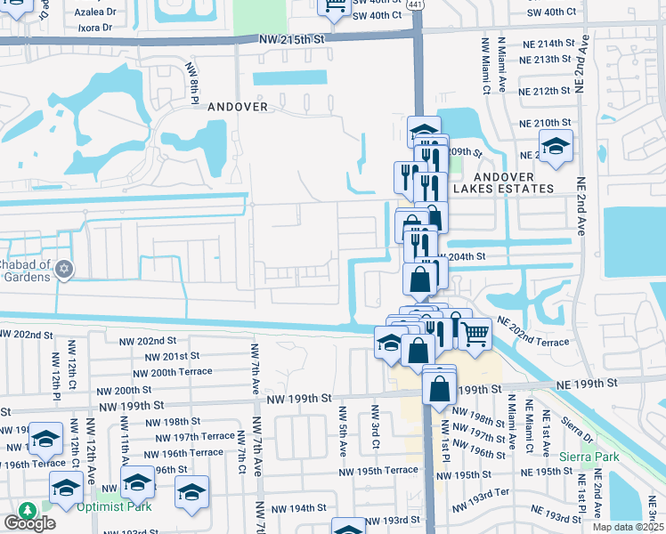 map of restaurants, bars, coffee shops, grocery stores, and more near 20311 Northwest 4th Avenue in Miami