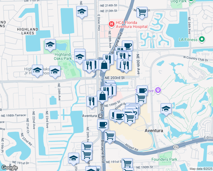 map of restaurants, bars, coffee shops, grocery stores, and more near 20099 Biscayne Boulevard in Aventura