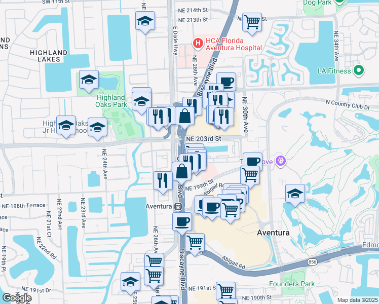 map of restaurants, bars, coffee shops, grocery stores, and more near 20099 Biscayne Boulevard in Aventura