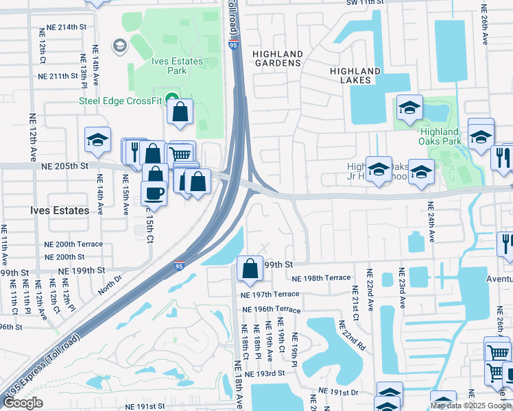 map of restaurants, bars, coffee shops, grocery stores, and more near 20255 West Oak Haven Circle in Miami