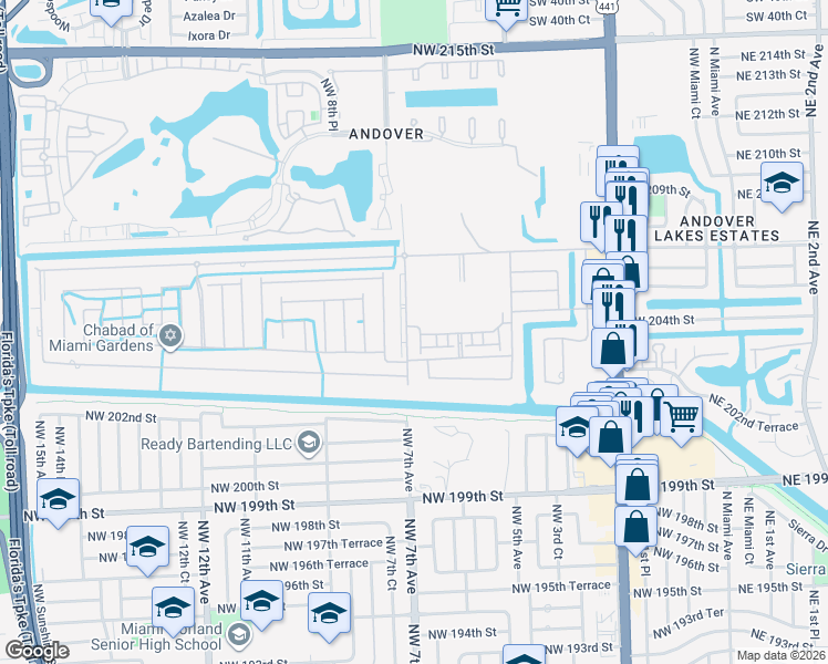 map of restaurants, bars, coffee shops, grocery stores, and more near in Miami Gardens