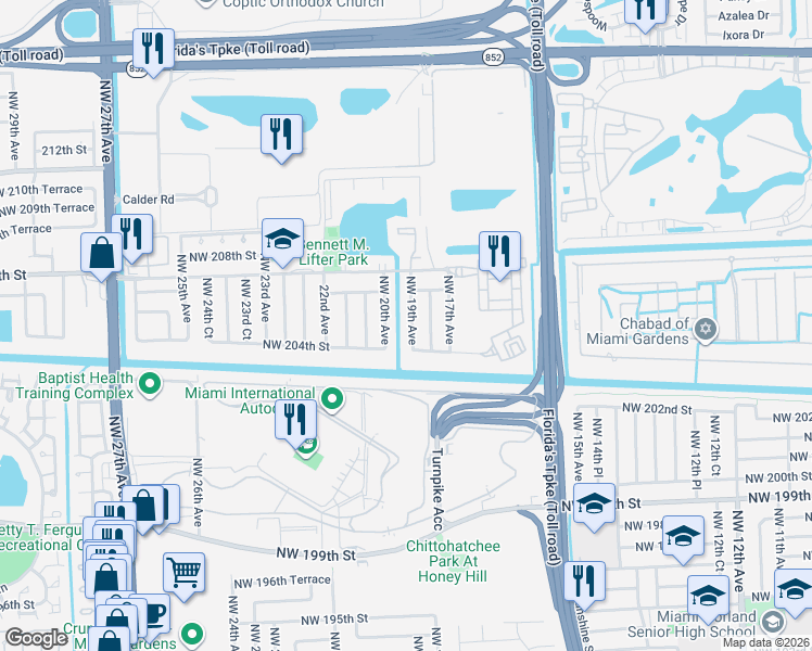 map of restaurants, bars, coffee shops, grocery stores, and more near 20424 Northwest 19th Avenue in Miami Gardens