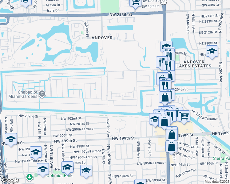 map of restaurants, bars, coffee shops, grocery stores, and more near 550 Northwest 203rd Street in Miami