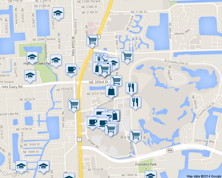 map of restaurants, bars, coffee shops, grocery stores, and more near in Aventura