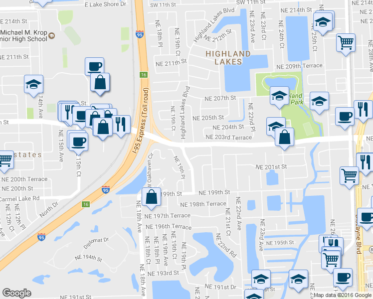 map of restaurants, bars, coffee shops, grocery stores, and more near 20205 Highland Lakes Boulevard in Miami