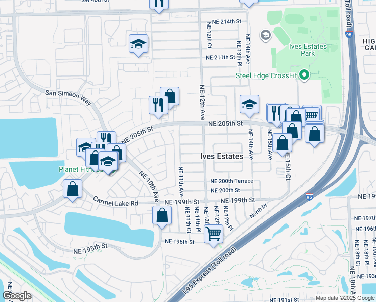 map of restaurants, bars, coffee shops, grocery stores, and more near 1131 Northeast 202nd Street in North Miami Beach