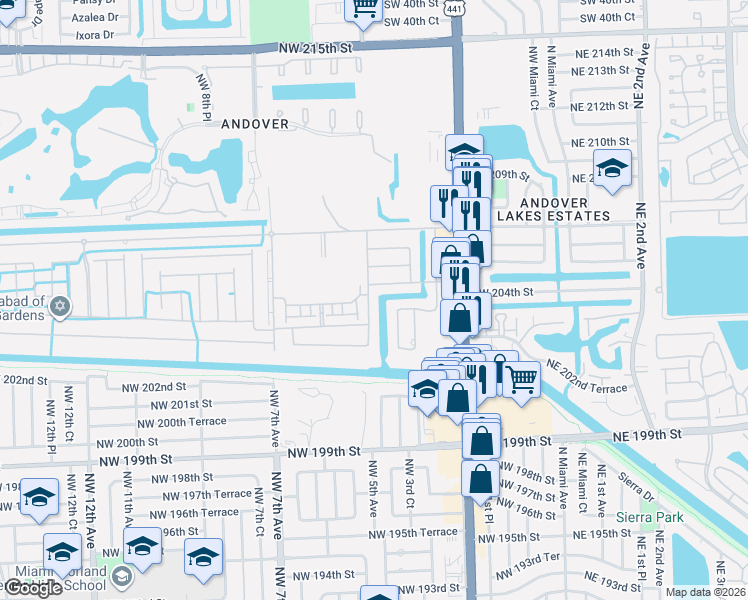map of restaurants, bars, coffee shops, grocery stores, and more near 20311 Northwest 4th Avenue in Miami