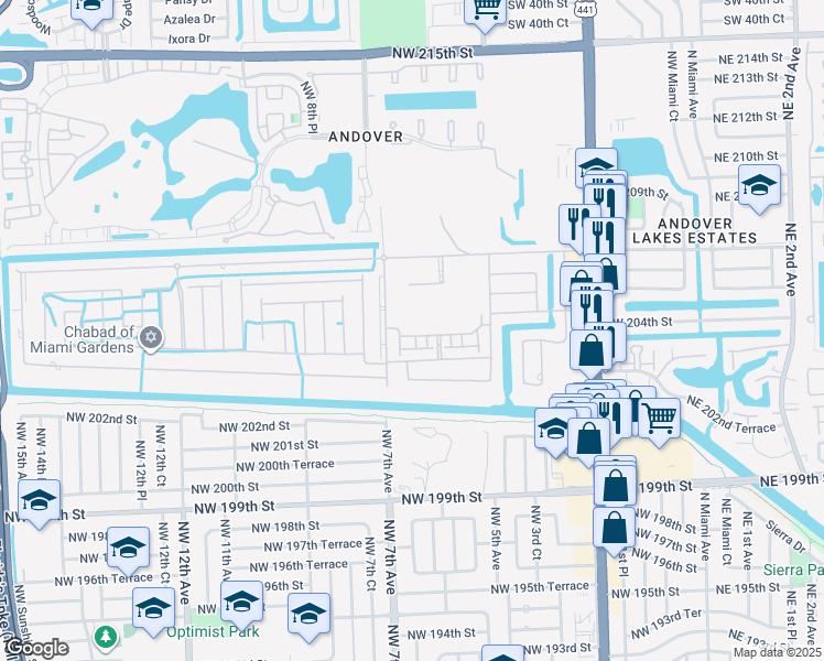 map of restaurants, bars, coffee shops, grocery stores, and more near 550 Northwest 203rd Street in Miami
