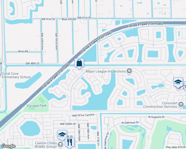 map of restaurants, bars, coffee shops, grocery stores, and more near 13705 Southwest 50th Court in Miramar