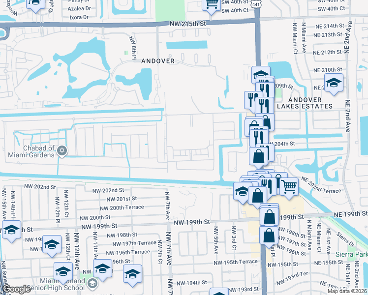 map of restaurants, bars, coffee shops, grocery stores, and more near 550 Northwest 203rd Street in Miami