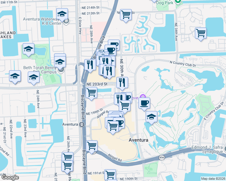 map of restaurants, bars, coffee shops, grocery stores, and more near in Aventura