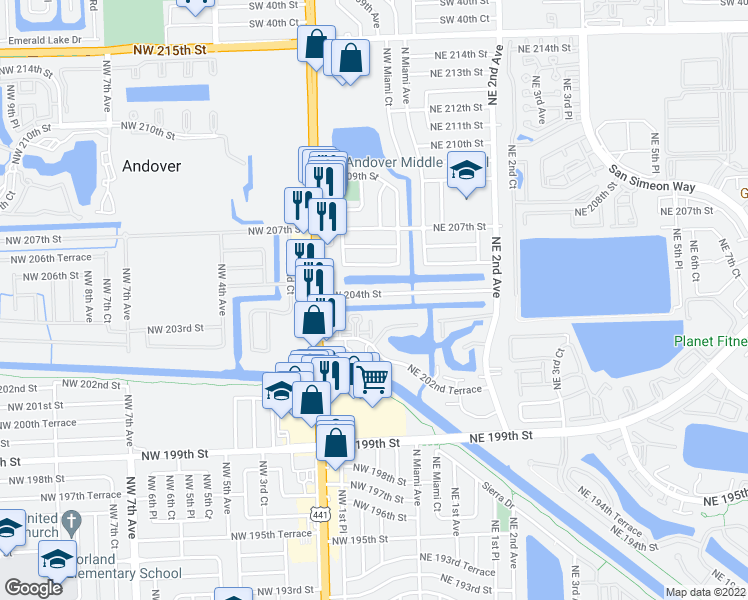 map of restaurants, bars, coffee shops, grocery stores, and more near 50 Northwest 204th Street in Miami