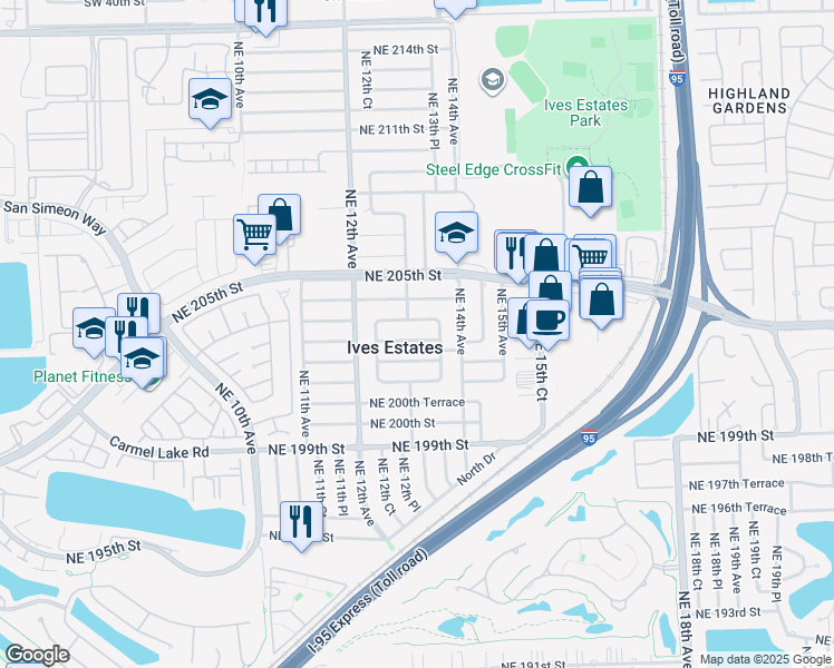 map of restaurants, bars, coffee shops, grocery stores, and more near 1275 Northeast 204th Street in Miami