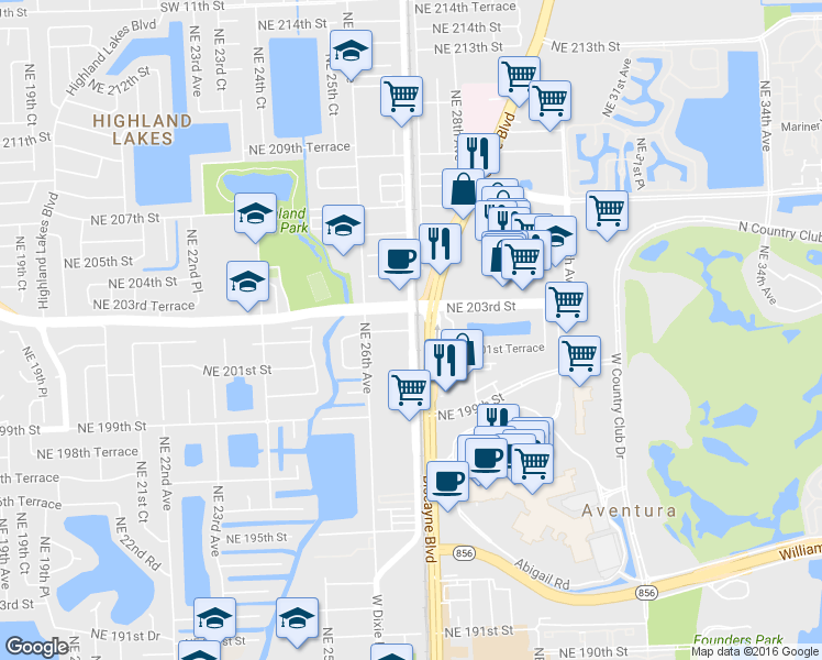 map of restaurants, bars, coffee shops, grocery stores, and more near 2660 Northeast 203rd Street in Miami