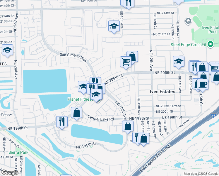 map of restaurants, bars, coffee shops, grocery stores, and more near 20432 Northeast 10th Court Road in Miami