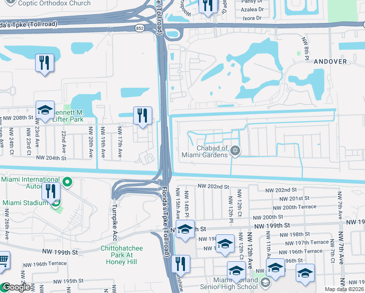 map of restaurants, bars, coffee shops, grocery stores, and more near 20610 Northwest 14th Place in Miami