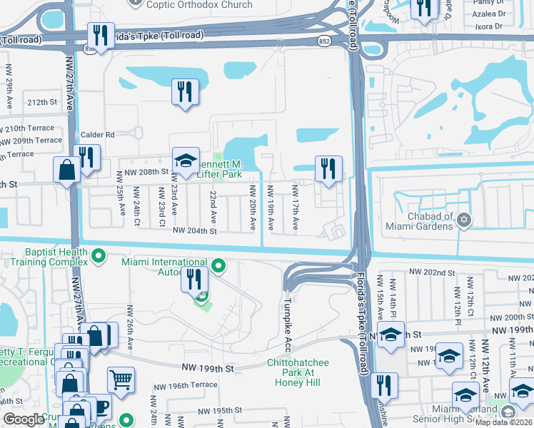 map of restaurants, bars, coffee shops, grocery stores, and more near 20554 Northwest 19th Avenue in Miami Gardens