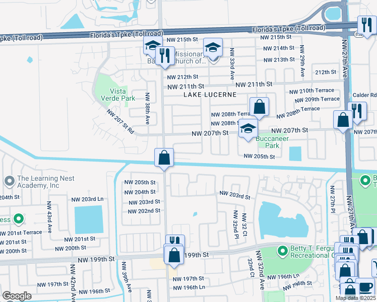 map of restaurants, bars, coffee shops, grocery stores, and more near 3501 Northwest 206th Street in Miami Gardens