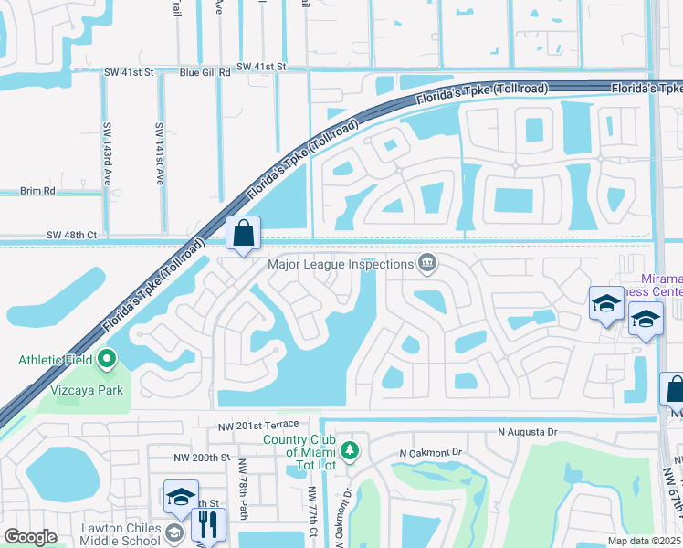 map of restaurants, bars, coffee shops, grocery stores, and more near 13555 Southwest 49th Court in Miramar