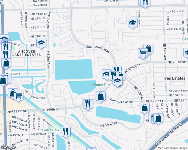 map of restaurants, bars, coffee shops, grocery stores, and more near 20544 Northeast 6th Court in Miami