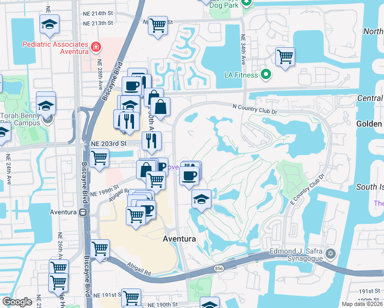 map of restaurants, bars, coffee shops, grocery stores, and more near 20301 West Country Club Drive in Aventura