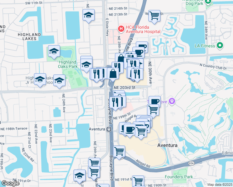 map of restaurants, bars, coffee shops, grocery stores, and more near 20200 Northeast 27th Court in Aventura