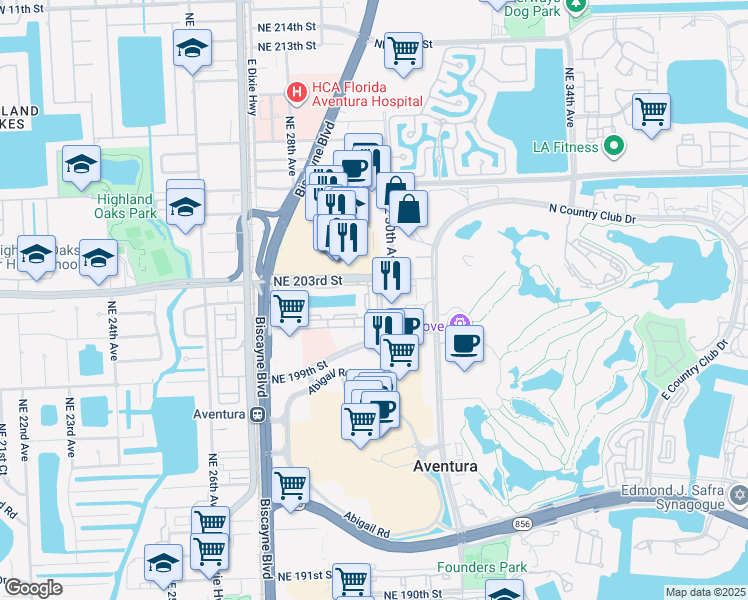 map of restaurants, bars, coffee shops, grocery stores, and more near 20201 Northeast 29th Court in Aventura