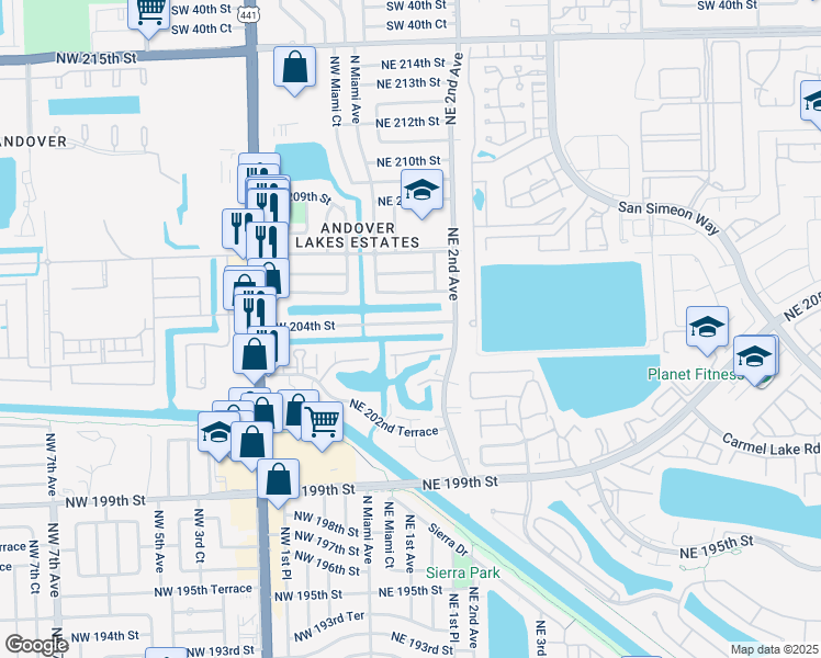 map of restaurants, bars, coffee shops, grocery stores, and more near 21 Northwest 204th Street in Miami Gardens