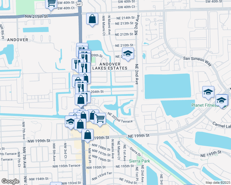 map of restaurants, bars, coffee shops, grocery stores, and more near 21 Northwest 204th Street in Miami Gardens