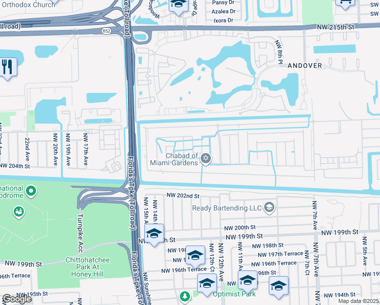 map of restaurants, bars, coffee shops, grocery stores, and more near 20614 Northwest 13th Avenue in Miami