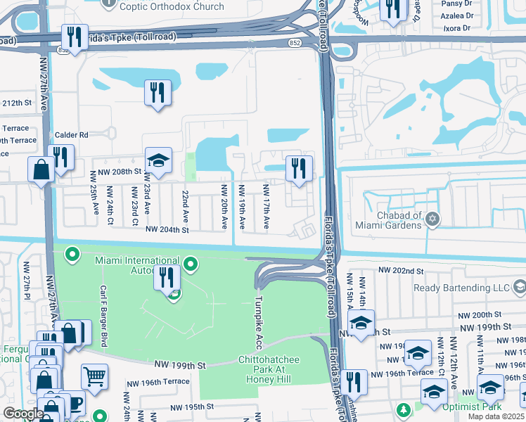 map of restaurants, bars, coffee shops, grocery stores, and more near 20550 Northwest 17th Avenue in Miami Gardens