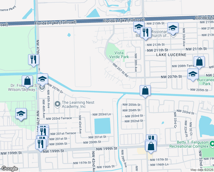 map of restaurants, bars, coffee shops, grocery stores, and more near 3929 Northwest 207th Drive in Miami Gardens