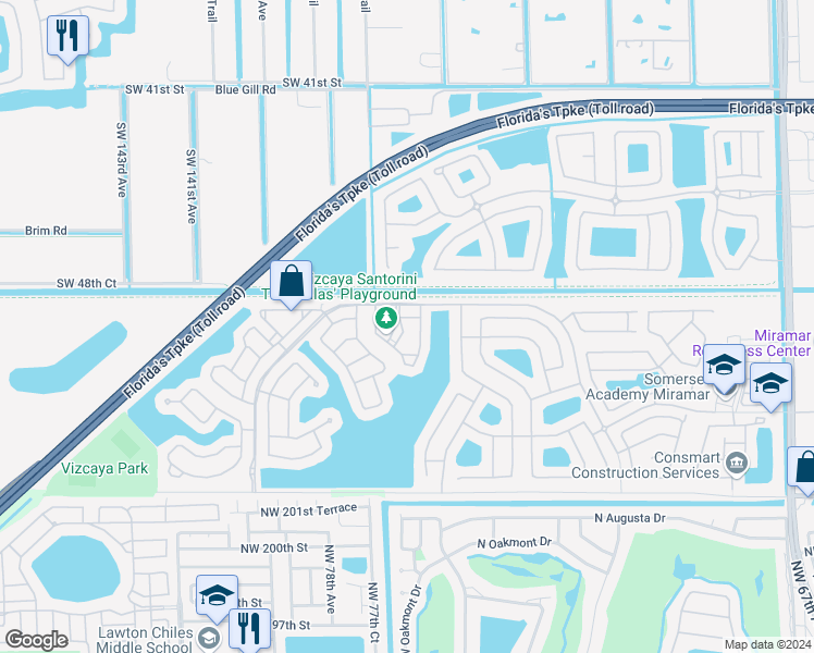 map of restaurants, bars, coffee shops, grocery stores, and more near 13555 Southwest 49th Court in Miramar