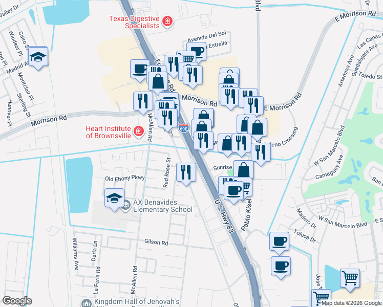 map of restaurants, bars, coffee shops, grocery stores, and more near U.S. 83 in Brownsville