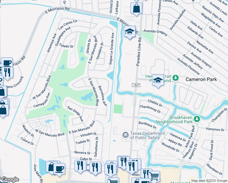 map of restaurants, bars, coffee shops, grocery stores, and more near Brownsville Historic Battlefield Hike and Bike Trail in Brownsville