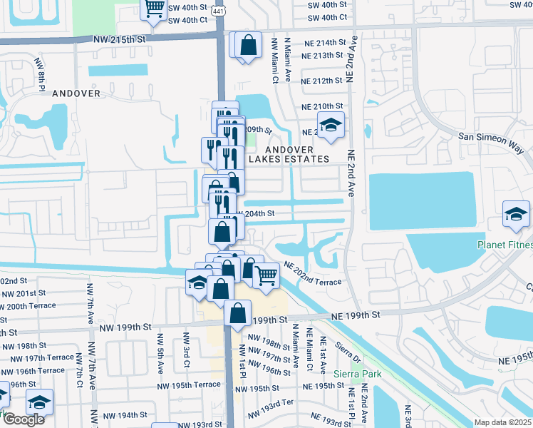 map of restaurants, bars, coffee shops, grocery stores, and more near 30 Northwest 204th Street in Miami