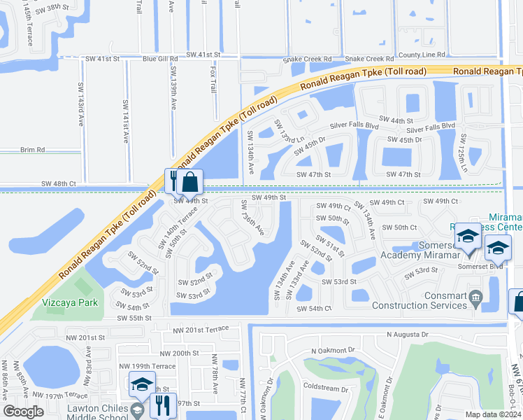 map of restaurants, bars, coffee shops, grocery stores, and more near 13555 Southwest 49th Court in Miramar