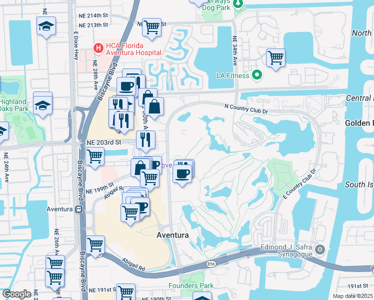 map of restaurants, bars, coffee shops, grocery stores, and more near 20301 West Country Club Drive in Aventura