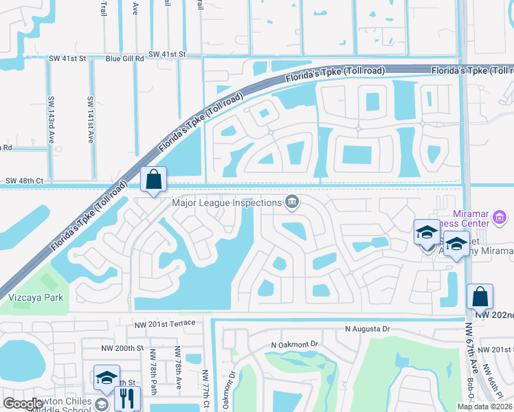 map of restaurants, bars, coffee shops, grocery stores, and more near 4948 Southwest 134th Avenue in Miramar