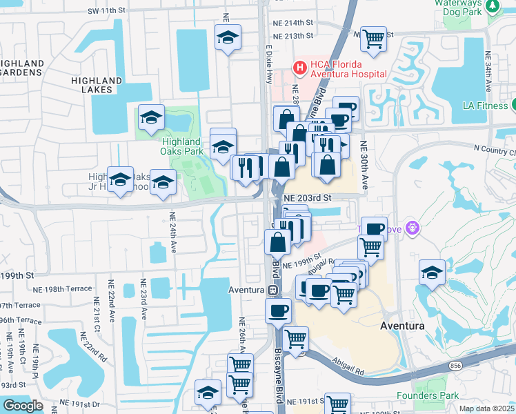 map of restaurants, bars, coffee shops, grocery stores, and more near 2660 Northeast 203rd Street in Miami