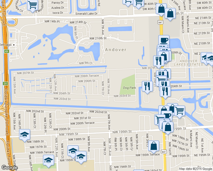 map of restaurants, bars, coffee shops, grocery stores, and more near 20490 Northwest 7th Avenue in Miami