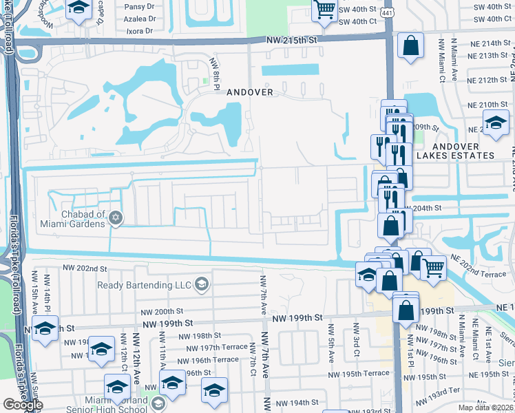 map of restaurants, bars, coffee shops, grocery stores, and more near 20490 Northwest 7th Avenue in Miami