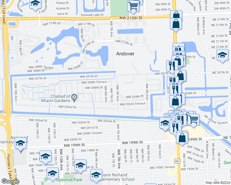 map of restaurants, bars, coffee shops, grocery stores, and more near 20490 Northwest 7th Avenue in Miami