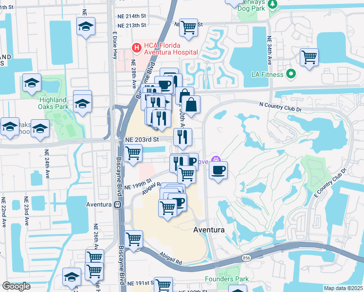 map of restaurants, bars, coffee shops, grocery stores, and more near in Aventura
