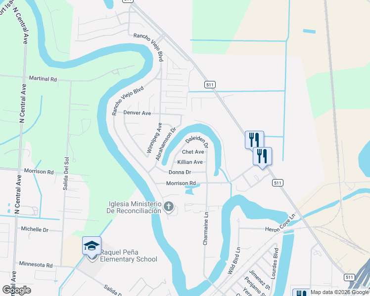 map of restaurants, bars, coffee shops, grocery stores, and more near 5202 Daleiden Drive in Brownsville