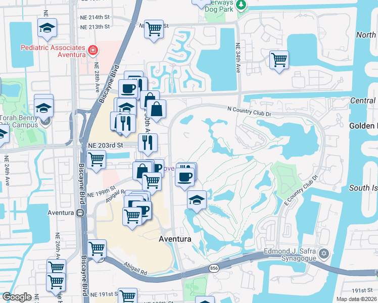 map of restaurants, bars, coffee shops, grocery stores, and more near 20301 West Country Club Drive in Aventura
