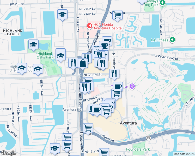 map of restaurants, bars, coffee shops, grocery stores, and more near 2800 Northeast 203rd Street in Miami