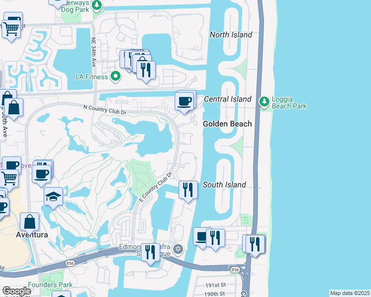 map of restaurants, bars, coffee shops, grocery stores, and more near 20191 East Country Club Drive in Miami
