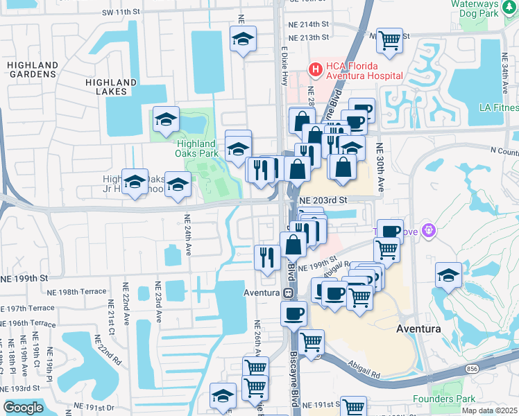 map of restaurants, bars, coffee shops, grocery stores, and more near 2610 Northeast 203rd Street in Miami
