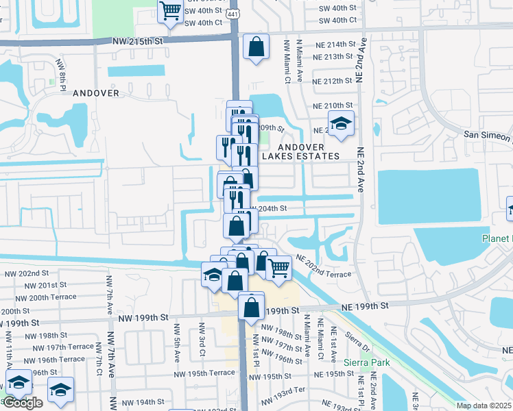 map of restaurants, bars, coffee shops, grocery stores, and more near 20401 Northwest 2nd Avenue in Miami